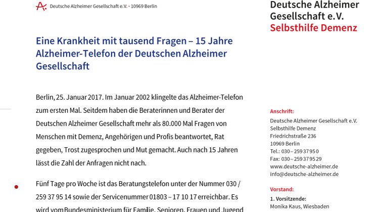 Eine Krankheit mit tausend Fragen – 15 Jahre Alzheimer-Telefon der Deutschen Alzheimer Gesellschaft 