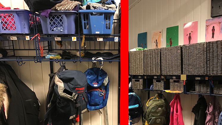 FØR OG ETTER: Slik så det ut før de ansatte i Tokerudtoppen barnehage organiserte garderoben, og slik ser det ut nå etter prosessen. 