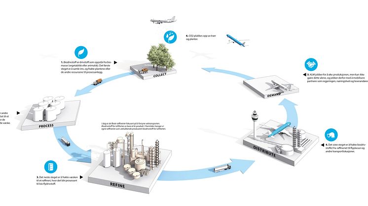 Prosess for utvinning av biodrivstoff:  fra innsamling av ressurser, omdannelse til væske, raffinering, og transportering ut til flyplasser. KLM jobber for å øke produksjonen.  