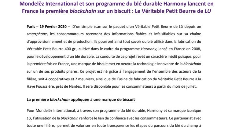 Mondelēz International et son programme du blé durable Harmony lancent en France la première blockchain sur un biscuit : Le Véritable Petit Beurre de LU 