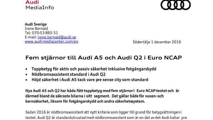 Fem stjärnor till Audi A5 och Audi Q2 i Euro NCAP