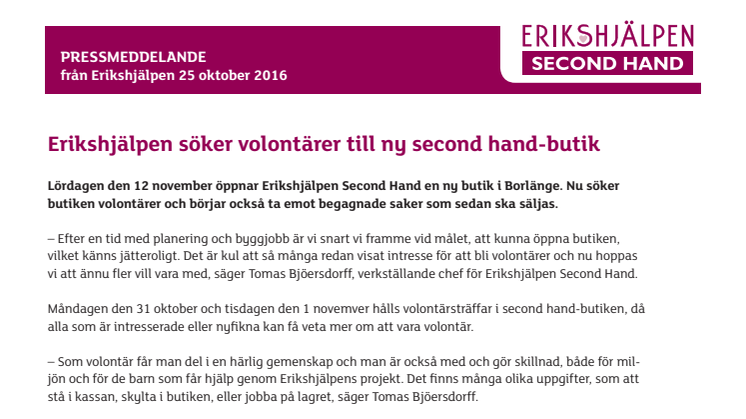 Erikshjälpen söker volontärer till ny butik i Borlänge