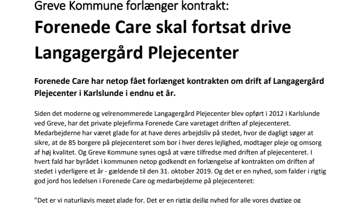 Greve Kommune forlænger kontrakt: Forenede Care skal fortsat drive Langagergård Plejecenter