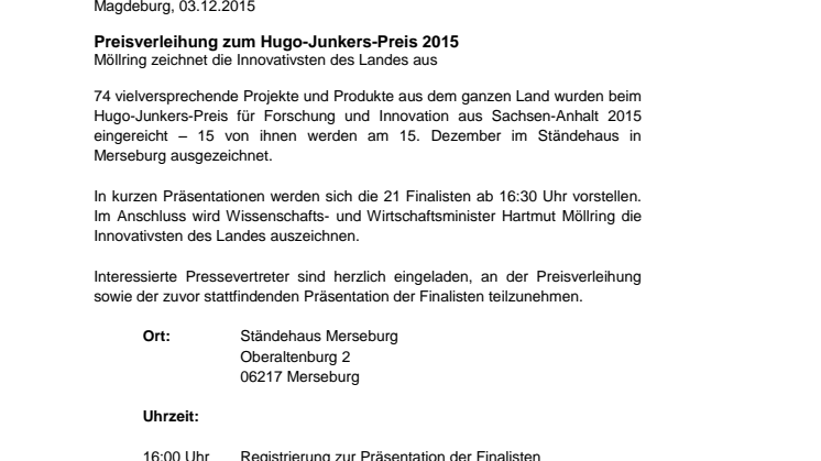 Preisverleihung zum Hugo-Junkers-Preis 2015 