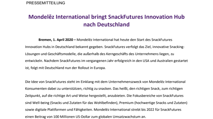 Mondelēz International bringt SnackFutures Innovation Hub nach Deutschland