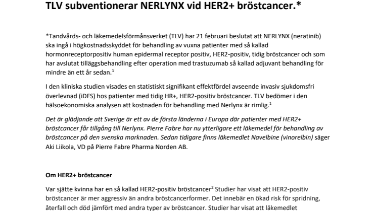 TLV subventionerar NERLYNX vid HER2+ bröstcancer.*