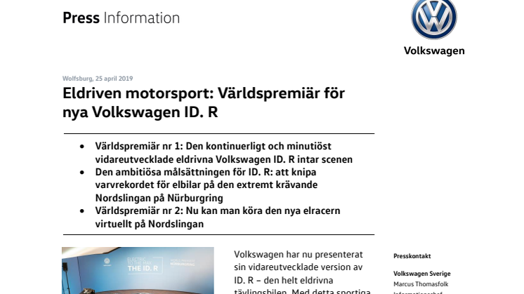 Eldriven motorsport: Världspremiär för nya Volkswagen ID. R