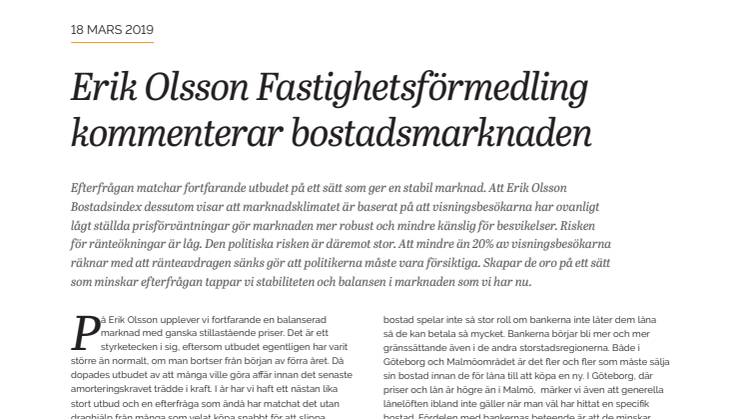 Erik Olsson Fastighetsförmedling kommenterar bostadsmarknaden 18 mars 2019