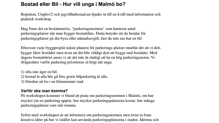 Påminnelse: Bil eller bostad – hur vill unga i Malmö bo?