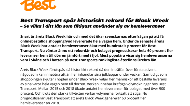 Best Transport spår historiskt rekord för Black Week – här används hemleveranser flitigast