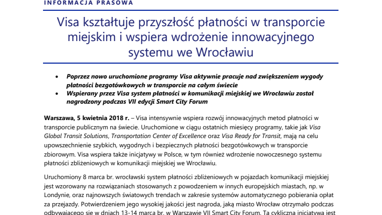 Visa kształtuje przyszłość płatności w transporcie miejskim i wspiera wdrożenie innowacyjnego systemu we Wrocławiu
