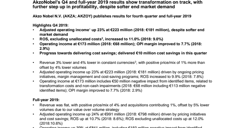 AkzoNobel’s Q4 and full-year 2019 results show transformation on track, with further step up in profitability, despite softer end market demand 