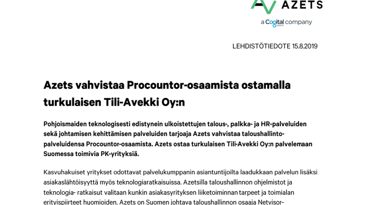 Azets vahvistaa Procountor-osaamista ostamalla turkulaisen Tili-Avekki Oy:n