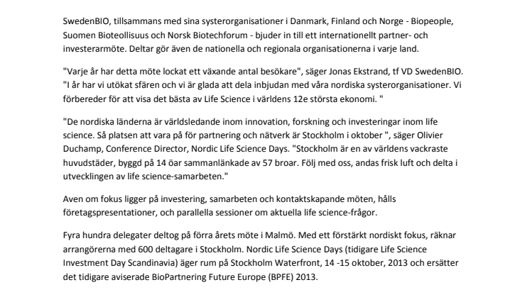 SwedenBIO bjuder in till Nordic Life Science Days med fokus på investering, samarbeten och nätverk