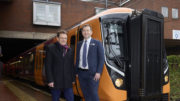 Mayor of the West Midlands Andy Street and West Midlands Railway managing director Ian McConnell with a Class 730 train at Walsall station