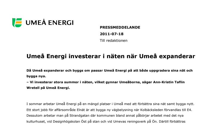 Umeå Energi investerar i näten när Umeå expanderar