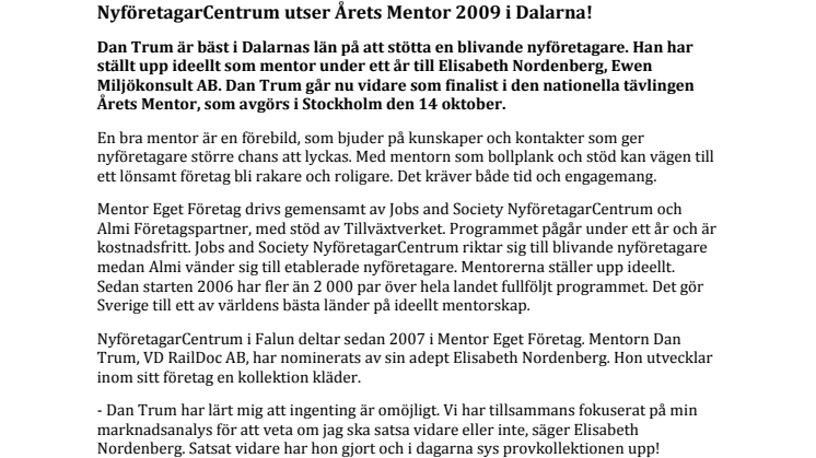 NyföretagarCentrum utser Årets Mentor 2009 i Dalarna!