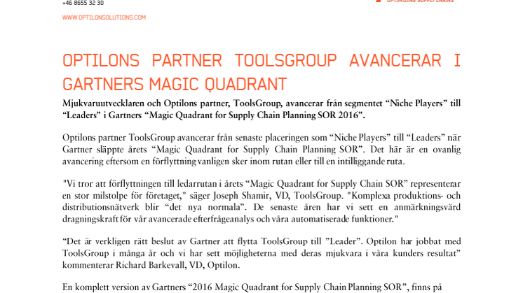 Optilons partner ToolsGroup avancerar i Gartners Magic Quadrant