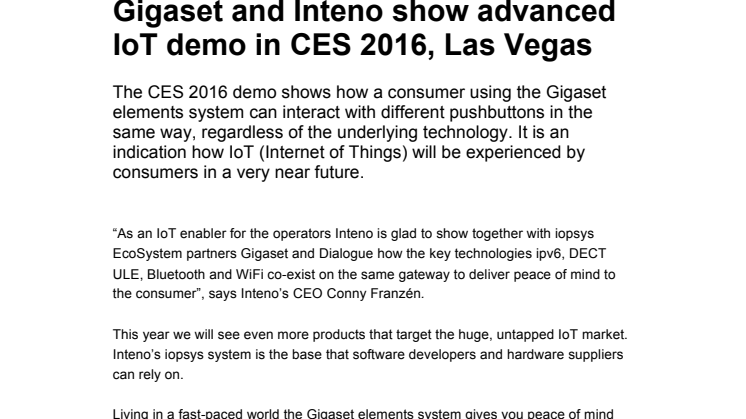 Gigaset and Inteno show advanced IoT demo in CES 2016, Las Vegas