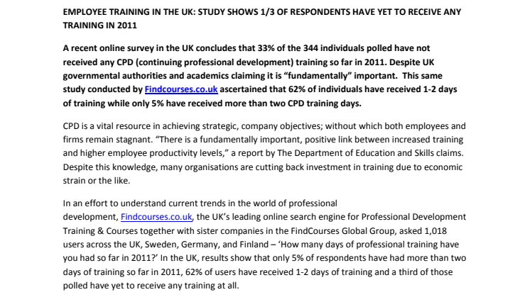 EMPLOYEE TRAINING IN THE UK: STUDY SHOWS 1/3 OF RESPONDENTS HAVE YET TO RECEIVE ANY TRAINING IN 2011