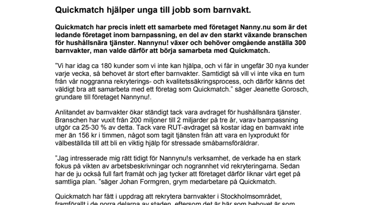 Quickmatch hjälper unga att jobba som barnvakt