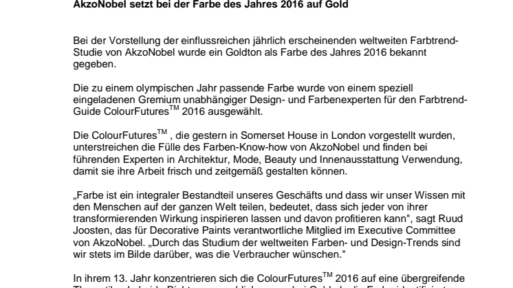 AkzoNobel setzt bei der Farbe des Jahres 2016 auf Gold