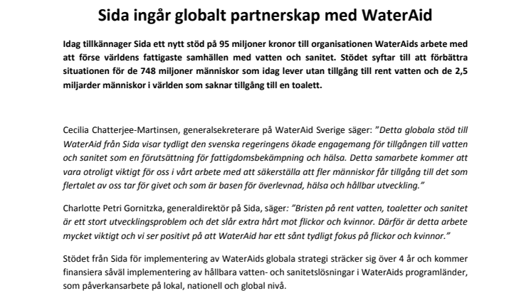 Sida ingår globalt partnerskap med WaterAid