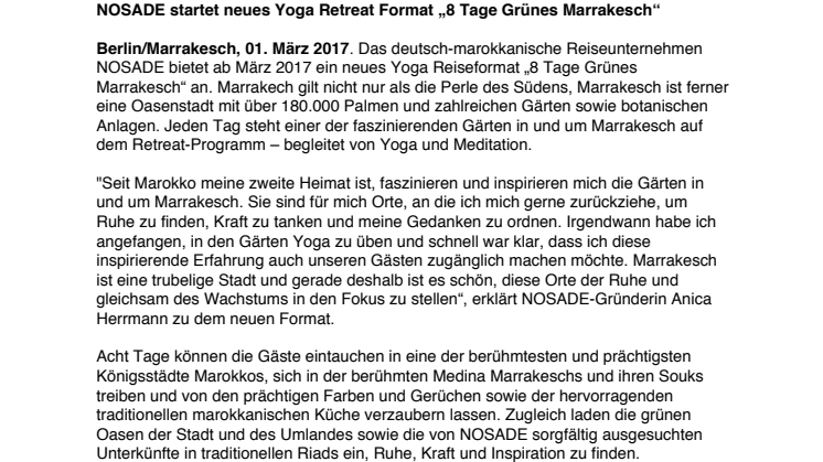 NOSADE startet neues Yoga Retreat-Format „8 Tage Grünes Marrakesch“ 