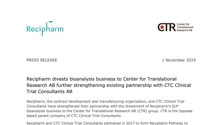 Recipharm divests bioanalysis business to Center for Translational Research AB further strengthening existing partnership with CTC Clinical Trial Consultants AB