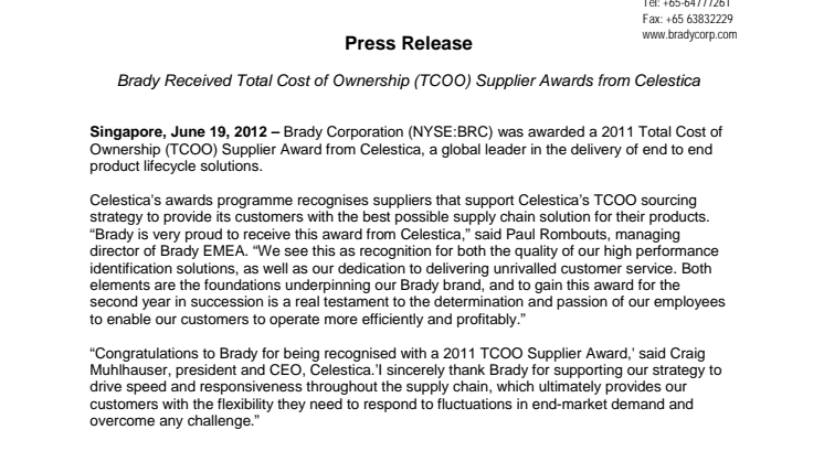 Brady receives TCOO Supplier Award