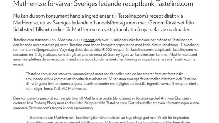 MatHem.se förvärvar Sveriges ledande receptbank Tasteline.com 