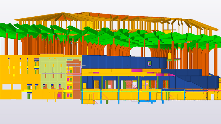 Modellbild från Optima av bygget i Tekla Structures - fasadvy 