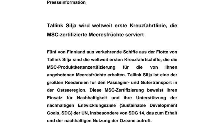 Tallink Silja wird weltweit erste Kreuzfahrtlinie, die MSC-zertifizierte Meeresfrüchte serviert