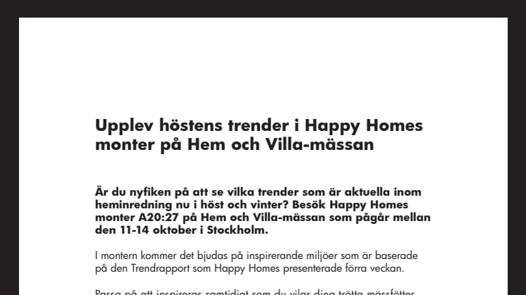 Upplev höstens trender i Happy Homes monter på Hem och Villa-mässan