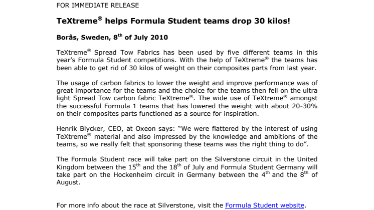TeXtreme® helps Formula Student teams drop 30 kilos!