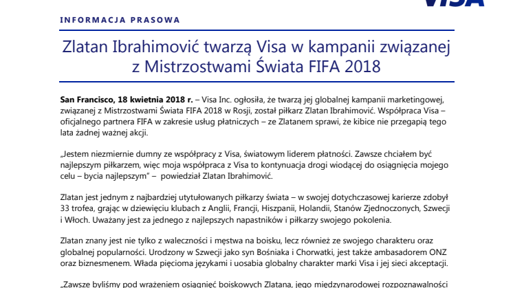 Zlatan Ibrahimović twarzą Visa w kampanii związanej z Mistrzostwami Świata FIFA 2018