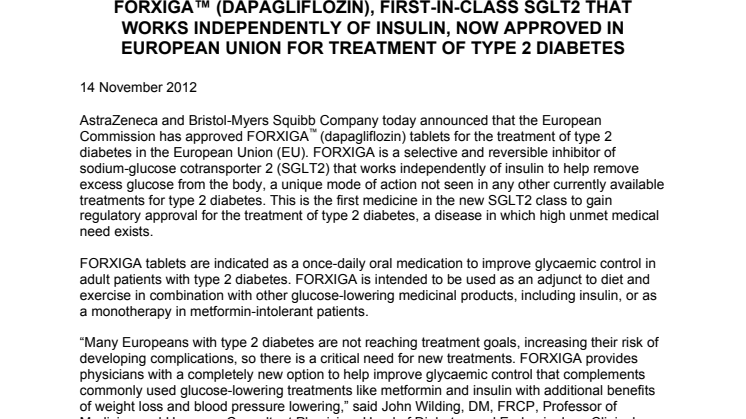 Forxiga™ (dapagliflozin) godkänt inom EU för behandling av typ-2-diabetes
