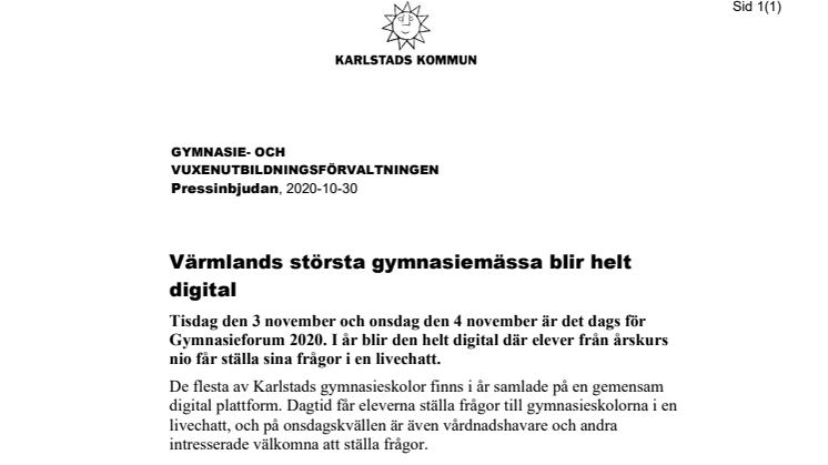 Pressinbjudan: Värmlands största gymnasiemässa blir helt digital
