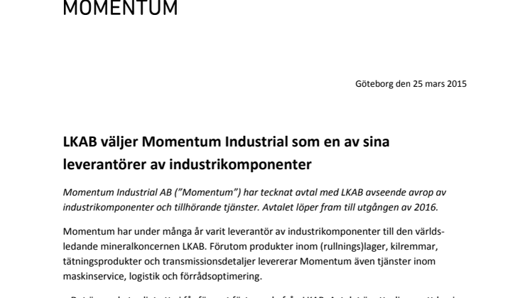 ​LKAB väljer Momentum Industrial som en av sina leverantörer av industrikomponenter