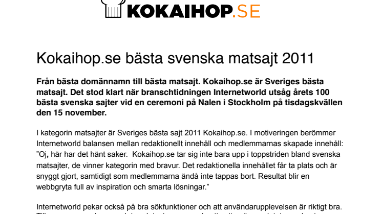 Kokaihop.se bästa svenska matsajt 2011