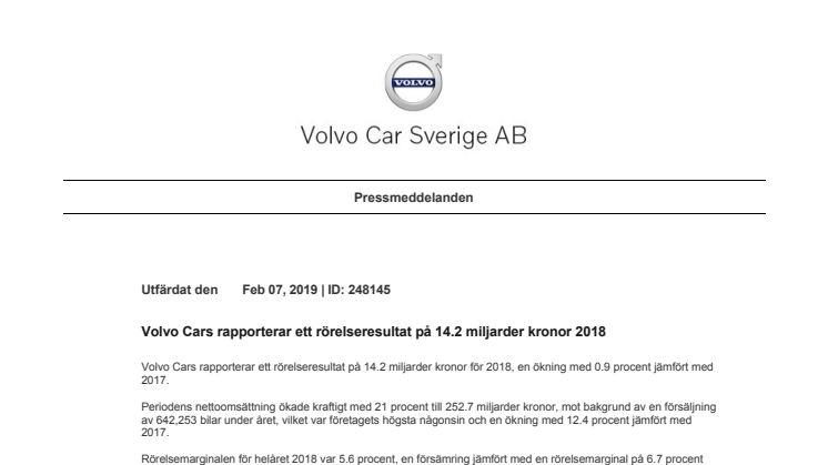 Volvo Cars rapporterar ett rörelseresultat på 14.2 miljarder kronor 2018