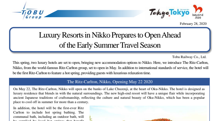 Luxury Resorts in Nikko Prepares to Open Ahead  of the Early Summer Travel Season