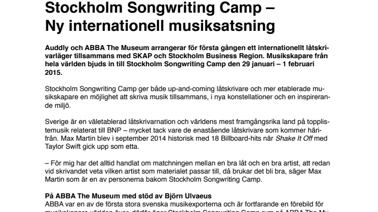 Stockholm Songwriting Camp –  Ny internationell musiksatsning