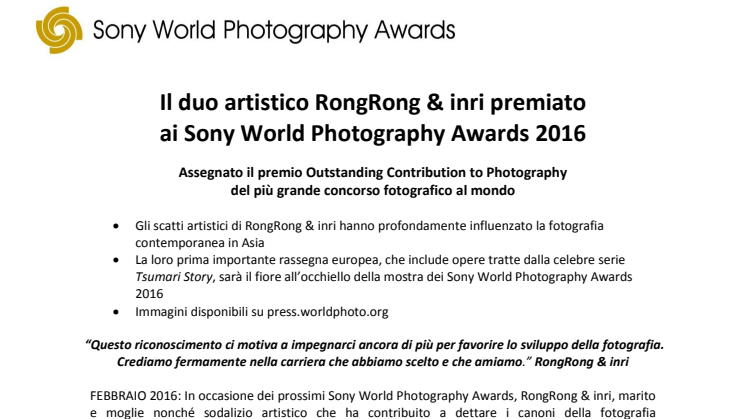 Il duo artistico RongRong & inri premiato  ai Sony World Photography Awards 2016