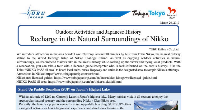 Outdoor Activities and Japanese History.  Recharge in the Natural Surroundings of Nikko.
