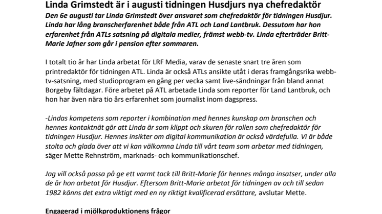 Linda Grimstedt är i augusti tidningen Husdjurs nya chefredaktör 