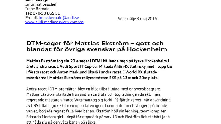 DTM-seger för Mattias Ekström – gott och blandat för övriga svenskar på Hockenheim