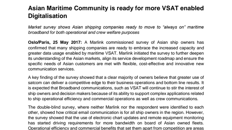 Marlink: Asian Maritime Community is ready for more VSAT enabled Digitalisation