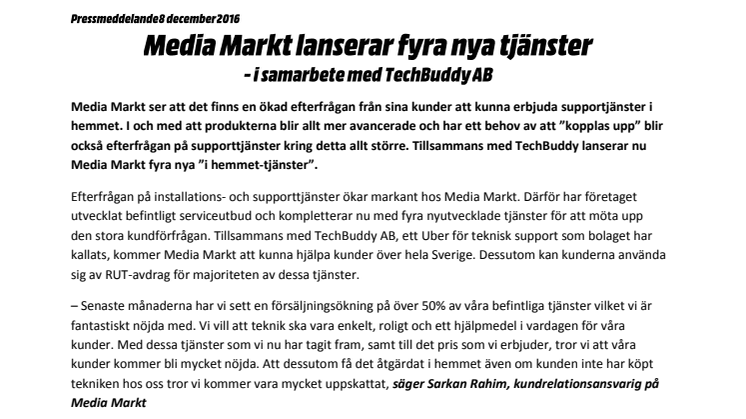 Media Markt lanserar fyra nya tjänster - i samarbete med TechBuddy AB