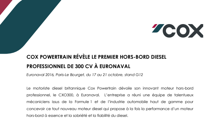 Cox Powertrain: Cox Powertrain Révèle le Premier Hors-bord Diesel Professionnel de 300 cv à Euronaval